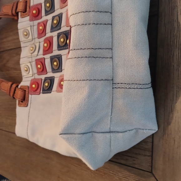 Fossil Taupe Canvas Embellished Circles Squares Tote Bag - Picture 11 of 16